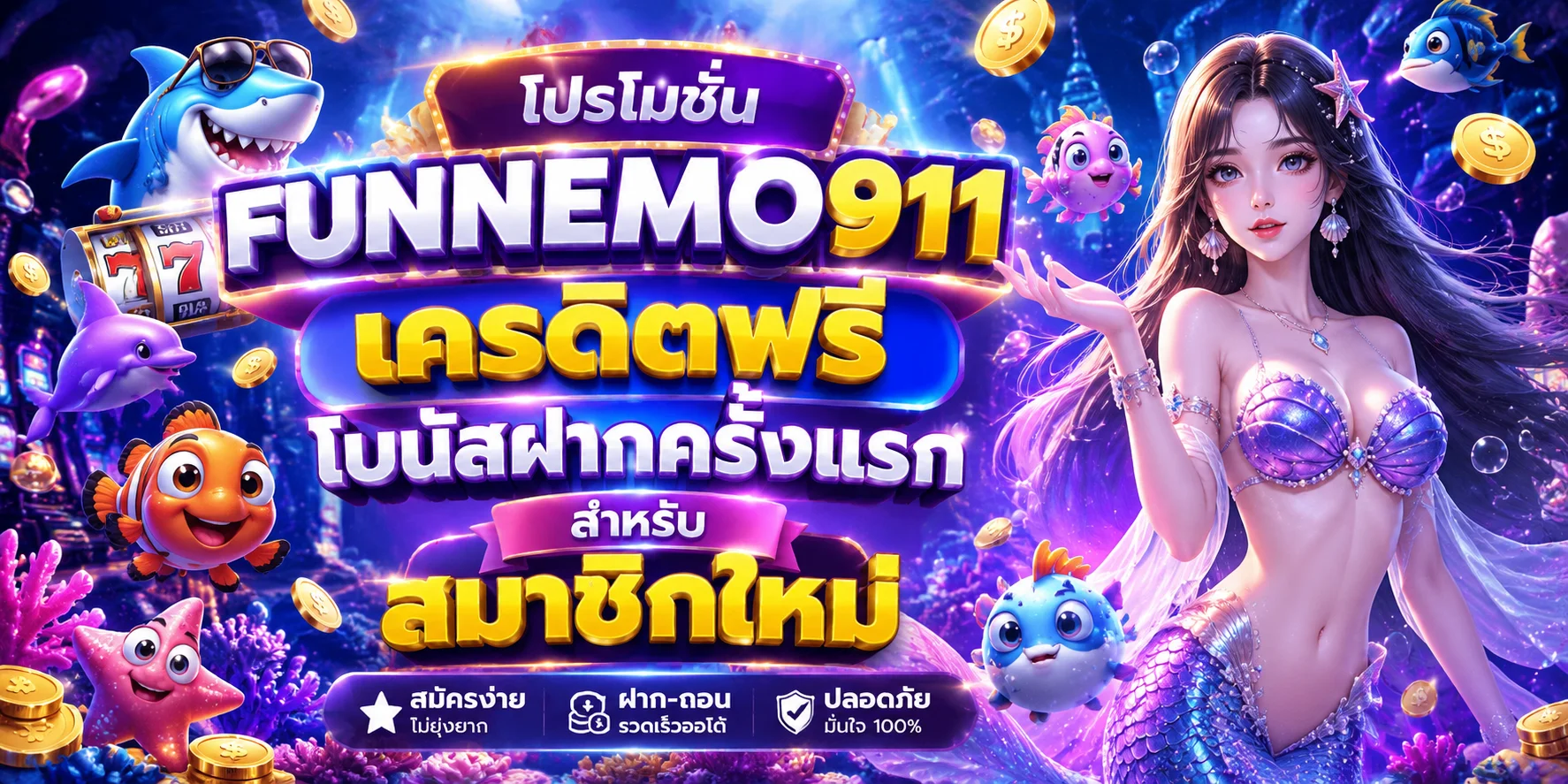 โปรโมชั่น FUNNEMO911 เครดิตฟรี โบนัสฝากครั้งแรกสมาชิกใหม่